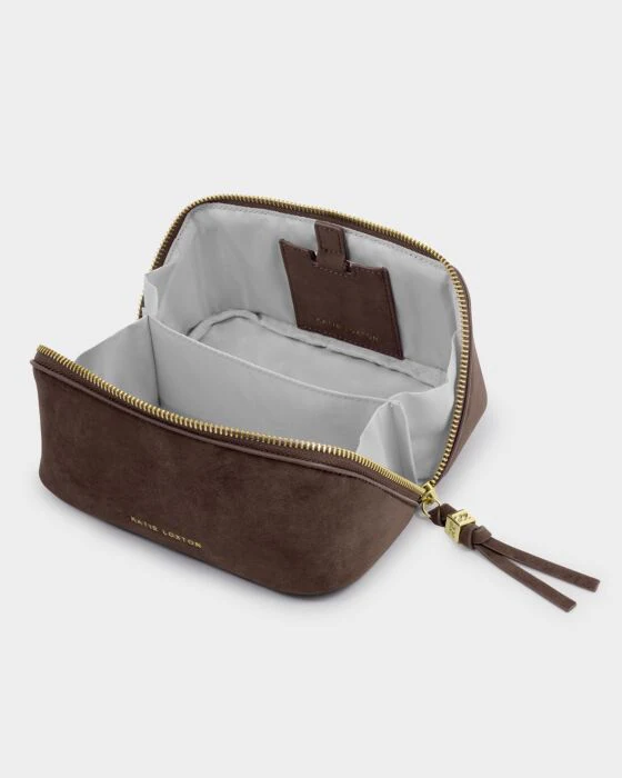 Katie Loxton Fold-Out Suedette Mirror Makeup Bag Chocolate - Image 2