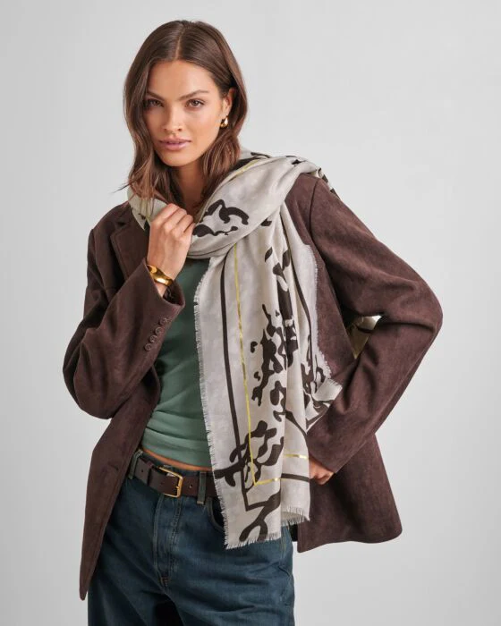 Katie Loxton Printed Foil Scarf Animal Light Taupe - Image 4
