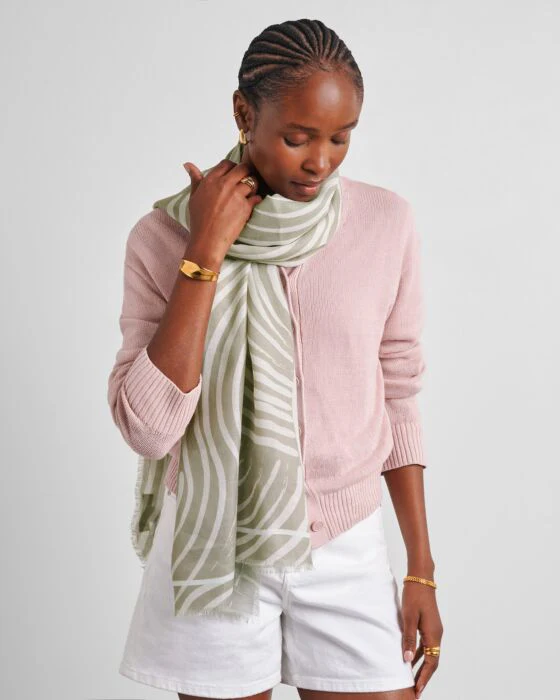 Katie Loxton Printed Scarf Waved Lines Sage & Off White - Image 3