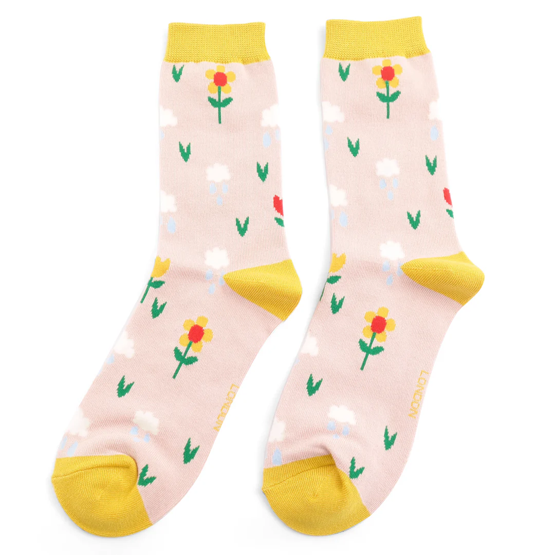 Miss Sparrow Rainclouds & Flowers Socks Light Pink - Image 2