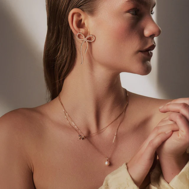 Tipperary Crystal Bow - Pearl Inset Earrings Gold - Image 2