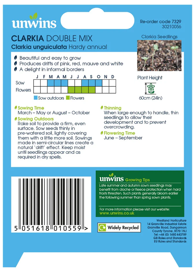 Unwins Clarkia Double Mix Seeds - Image 2