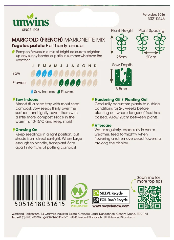 Unwins French Marigold Marionette Mix Seeds - Image 2