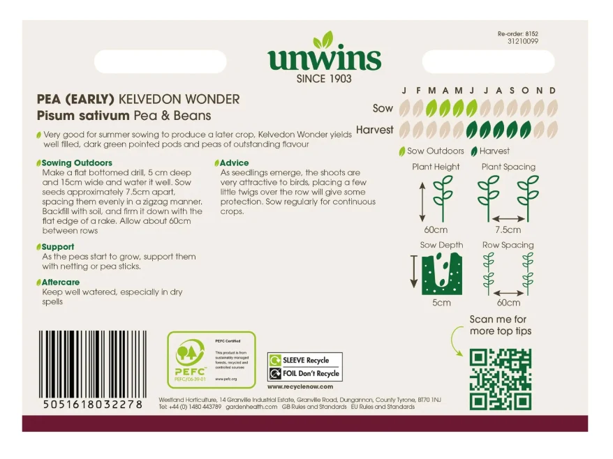 Unwins Early Pea Kelvedon Wonder Seeds - Image 2
