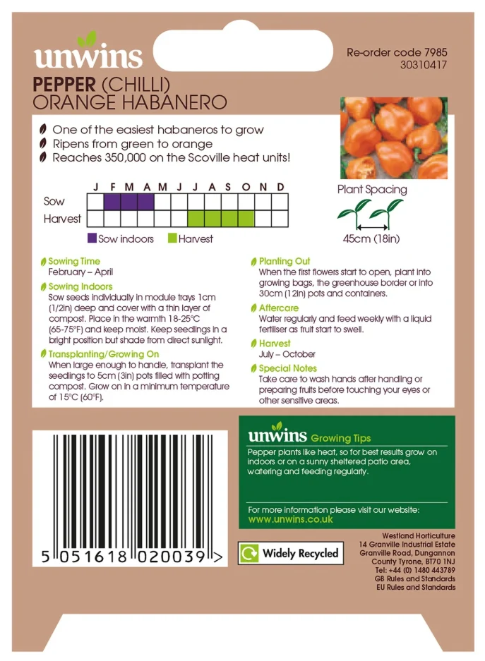 Unwins Chilli Pepper Orange Habanero Seeds - Image 2