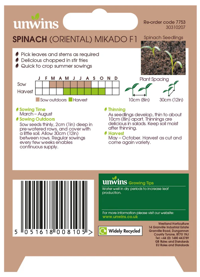 Unwins Oriental Spinach Mikado F1 Seeds - Image 2