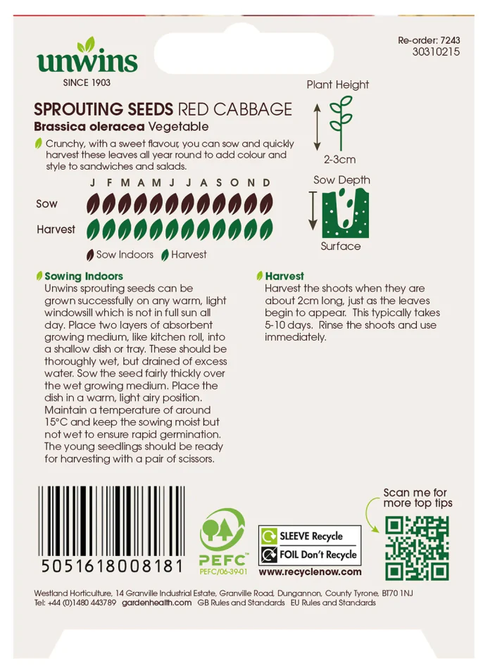 Unwins Sprouting Seeds Red Cabbage Seeds - Image 2
