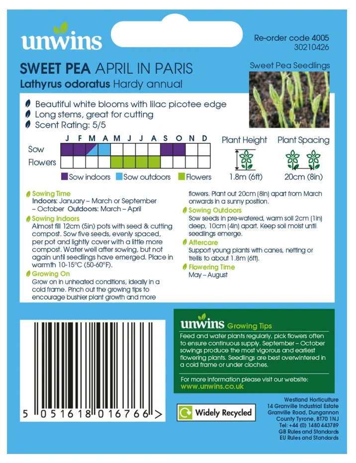 Unwins Sweet Pea April in Paris Seeds - Image 2